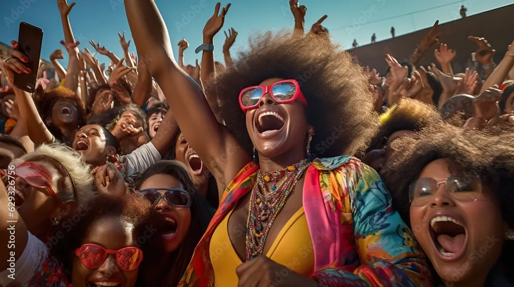 African American woman with afro crowd surfing looking at camera, crowd of fans at a concert, everyone is holding a iphone, colorful outfits, braids, cool sunglasses