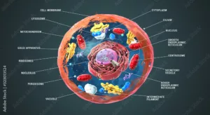 Labeled Eukaryotic cell, nucleus and organelles and plasma membrane - 3d illustration