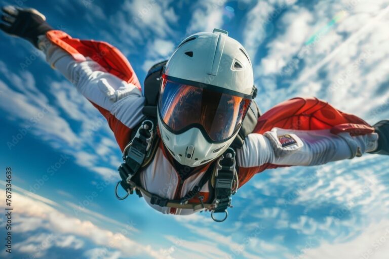 An adventurous individual clad in a skydiver suit is soaring through the air with the aid of a wingsuit, showcasing skill and bravery.