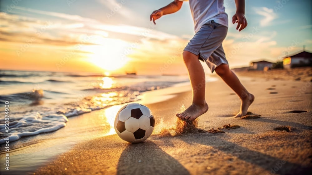 Boy playing football on the beach at sunset.