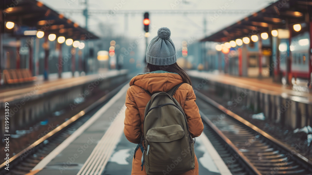 Close-up of a woman waiting on a subway platform.