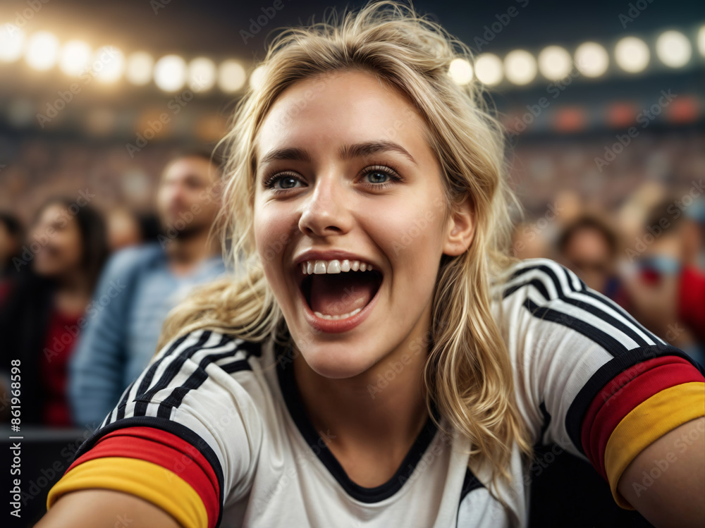 Happy football fan girl cheers for Germany national team. German soccer enthusiast woman celebrating victory in the stands at the stadium