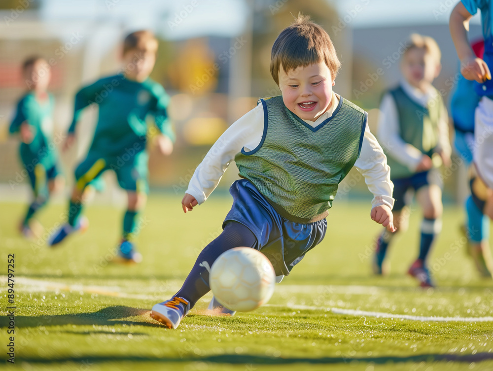 Portrait of a Child with Down Syndrome playing soccer