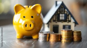 Yellow piggy bank alongside stacked coins and a miniature house, symbolizing personal savings and home investment