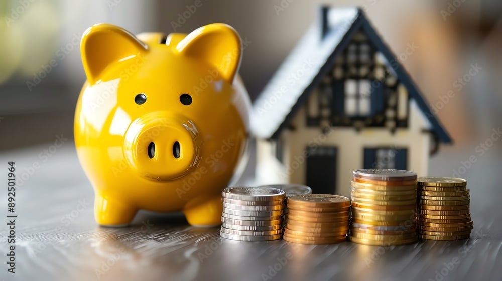 Yellow piggy bank alongside stacked coins and a miniature house, symbolizing personal savings and home investment